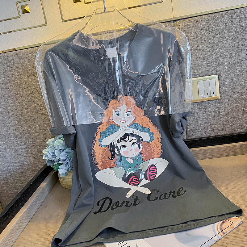 Real price pure cotton short sleeved shirt women's Korean cartoon thin summer round collar top large women's wear