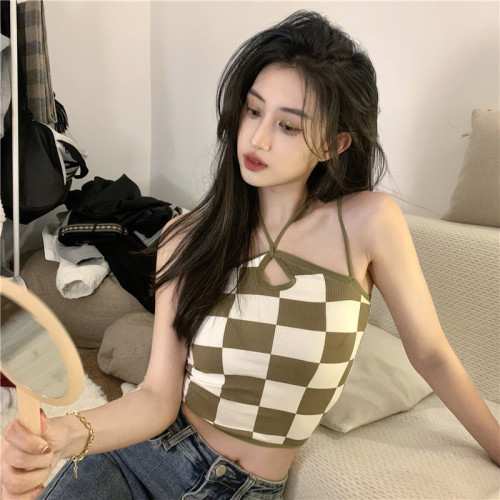 Real shooting and real price spring new net red checkerboard vest suspender versatile short Korean version inside and outside