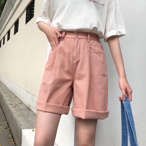 Real price spring and summer versatile elastic waist casual denim shorts straight tube loose wide leg pants