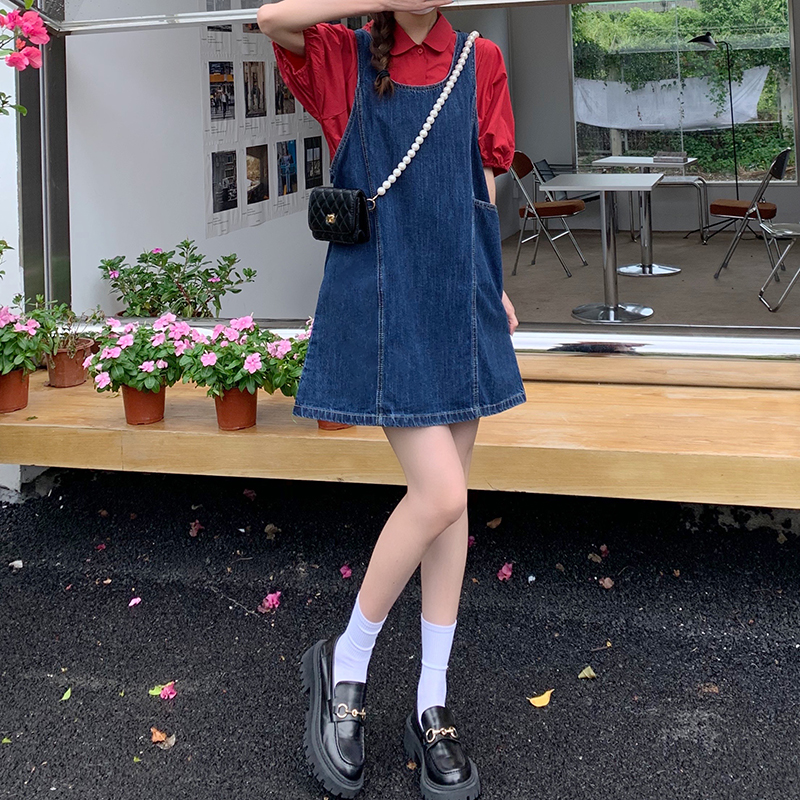 Real Price vintage Hong Kong Style denim strap skirt women's Korean version age reduction versatile lovely round neck dress