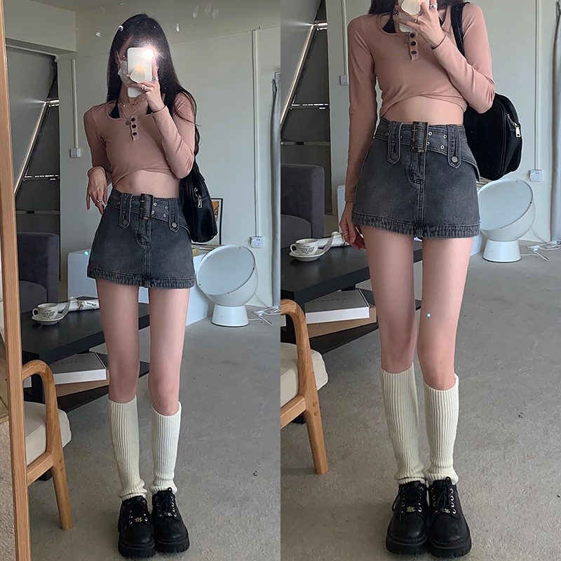 Real shooting and real price 2022 spring new super cool Spice Girl elastic high waist washed denim skirt with belt