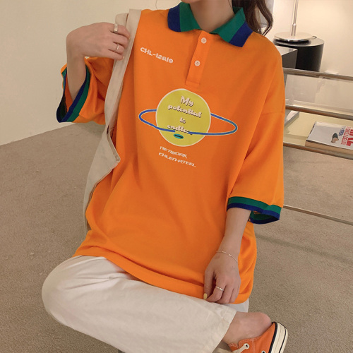 Actual shooting of 2022 summer new Harajuku polo shirt Lapel loose short sleeve T-shirt women