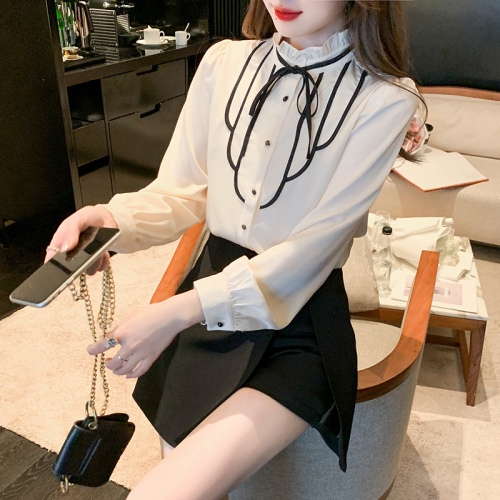 Palace style bow chiffon shirt women's  spring new design style long sleeve chic top