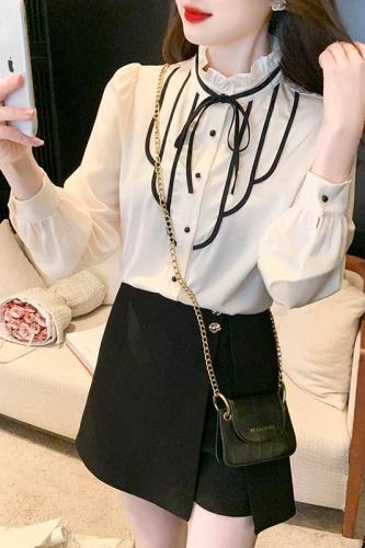 Palace style bow chiffon shirt women's  spring new design style long sleeve chic top