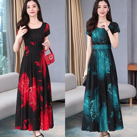 Large dress women's 2022 new style gas mother decoration body waist closing print stitching light mature style big swing skirt