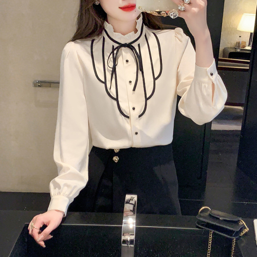 Palace style bow chiffon shirt women's  spring new design style long sleeve chic top