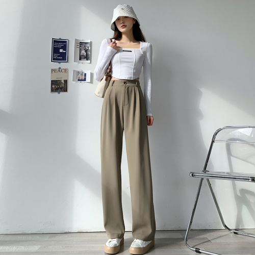 Real shooting Wang fried elite style ~ high-grade camel casual pants women's spring and autumn straight tube floor dragging wide leg suit pants large