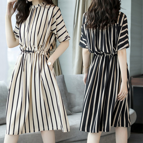 Vertical stripe dress women's summer 2022 Korean version waist style fashion casual loose medium length