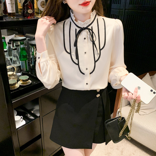 Palace style bow chiffon shirt women's  spring new design style long sleeve chic top