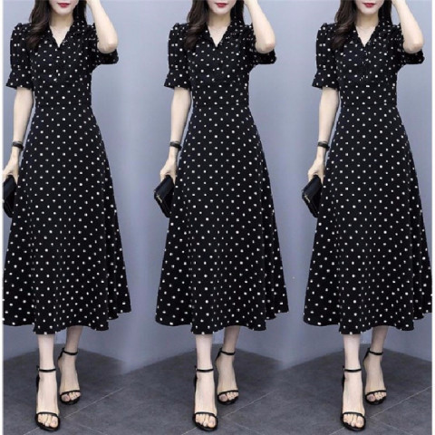 Wave point dress women's summer new Korean version slim fit, large size to cover the stomach and over the knee