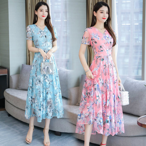 Ice silk 150g 2022 summer new print large dress long swing Bohemian beach skirt