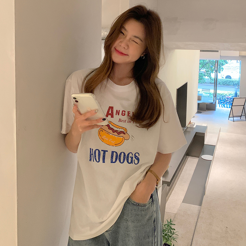 Real shot pull frame cotton summer clothes new versatile printed short sleeved T-shirt for female students
