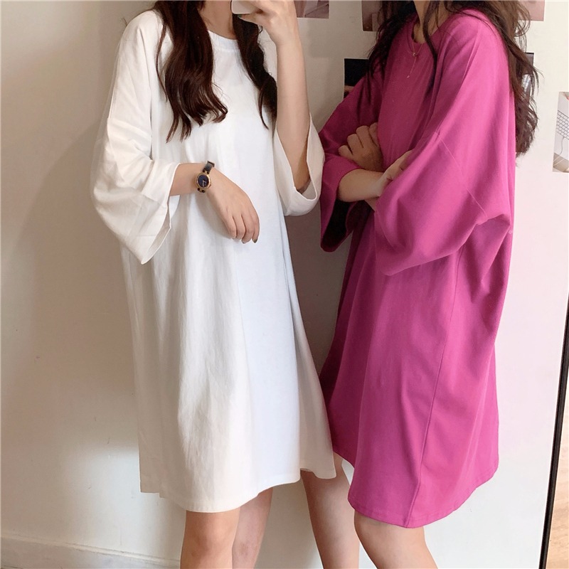 Real cotton summer medium and long short sleeved T-shirt women's dress T-Shirt Top Fashion