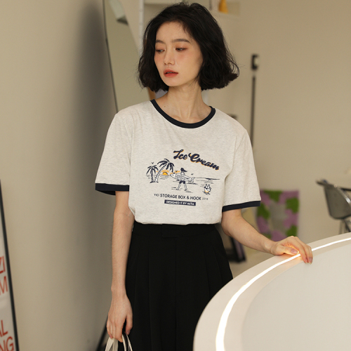 Hong Kong Style printed pure cotton student t-shirt female short sleeve 22 summer new loose round neck bottomed Shirt Top