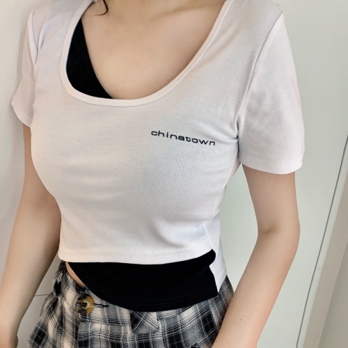 Real cotton fake two short short sleeved T-shirts women's slim open navel yoga clothes summer top
