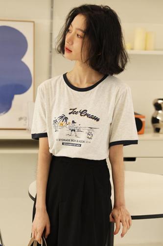 Hong Kong Style printed pure cotton student t-shirt female short sleeve 22 summer new loose round neck bottomed Shirt Top