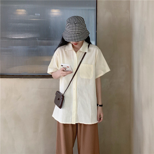 Real shot short sleeved shirt women's Japanese girlish top loose Vintage solid color Hong Kong style small fresh shirt in summer
