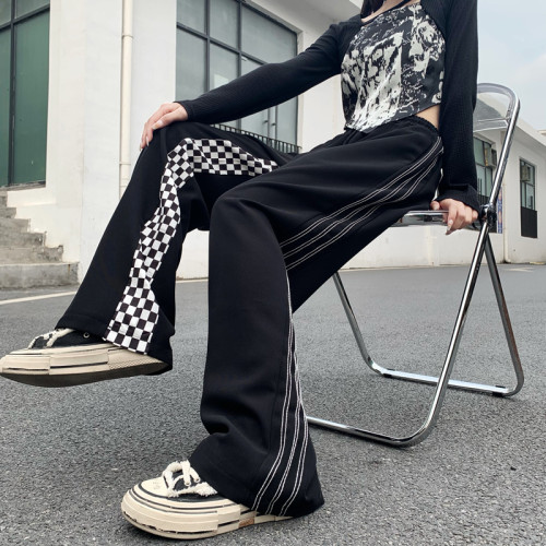 Real price black chessboard lattice high street Wide Leg Pants NEW Loose straight sports casual pants