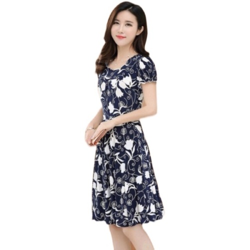 Summer new women's dress short sleeve slim print floral skirt length large children