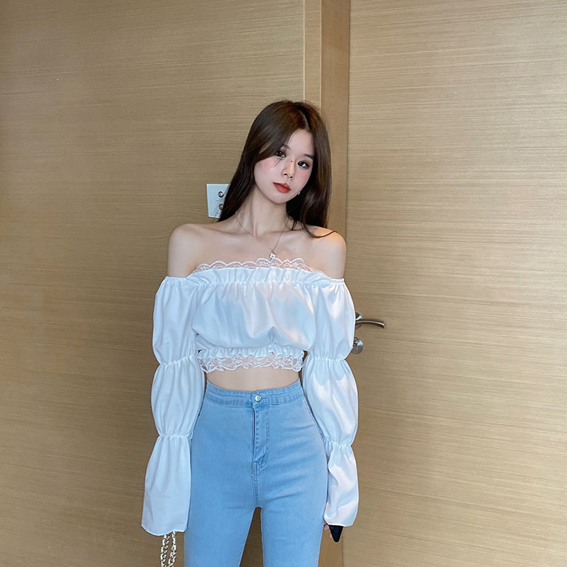 Real price sexy straight shoulder long sleeve shirt with exposed collarbone Ruffle shirt