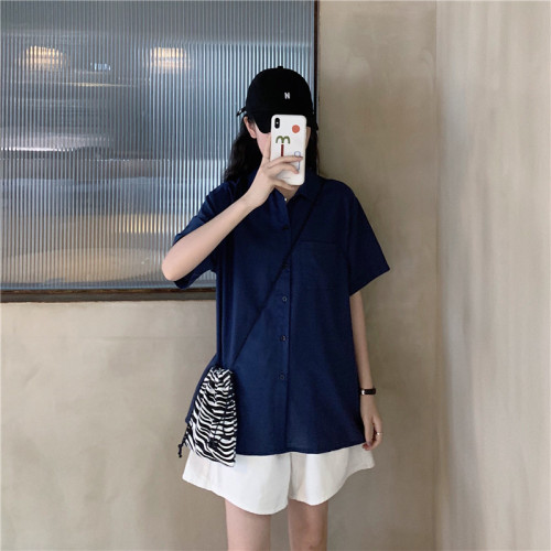 Real shot short sleeved shirt women's Japanese girlish top loose Vintage solid color Hong Kong style small fresh shirt in summer