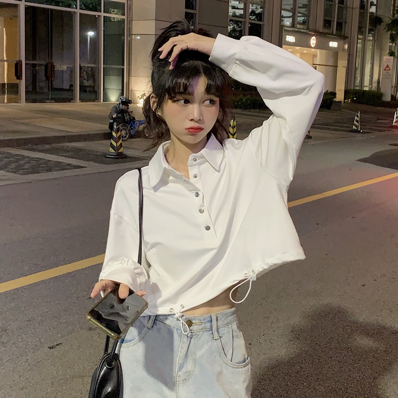 Real price spring fashion Lapel sweater long sleeved blouse women's short wear loose white jacket