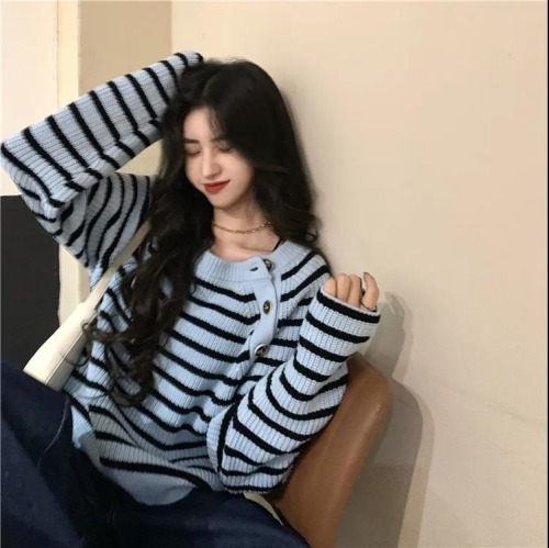 Official picture autumn and winter Vintage stripe contrast sweater women's short thin versatile sweater student top