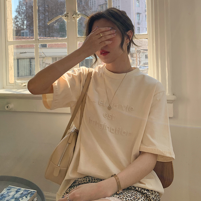 Real cotton spring and summer new concave convex three-dimensional letter short sleeve T-shirt women