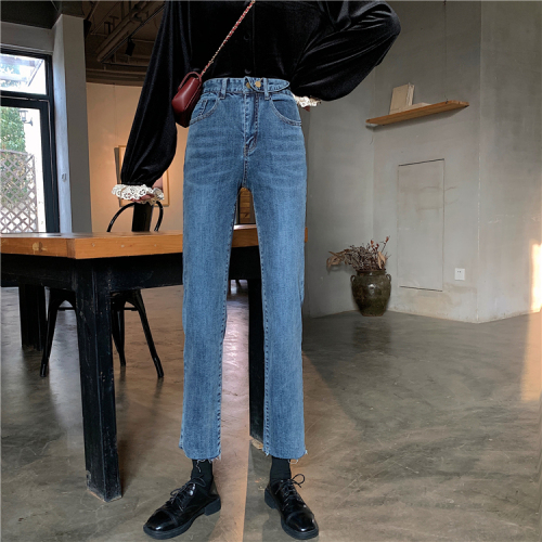 Real shot of Korean high waist jeans women's 2 Korean loose and thin straight pants elastic 9-point jeans