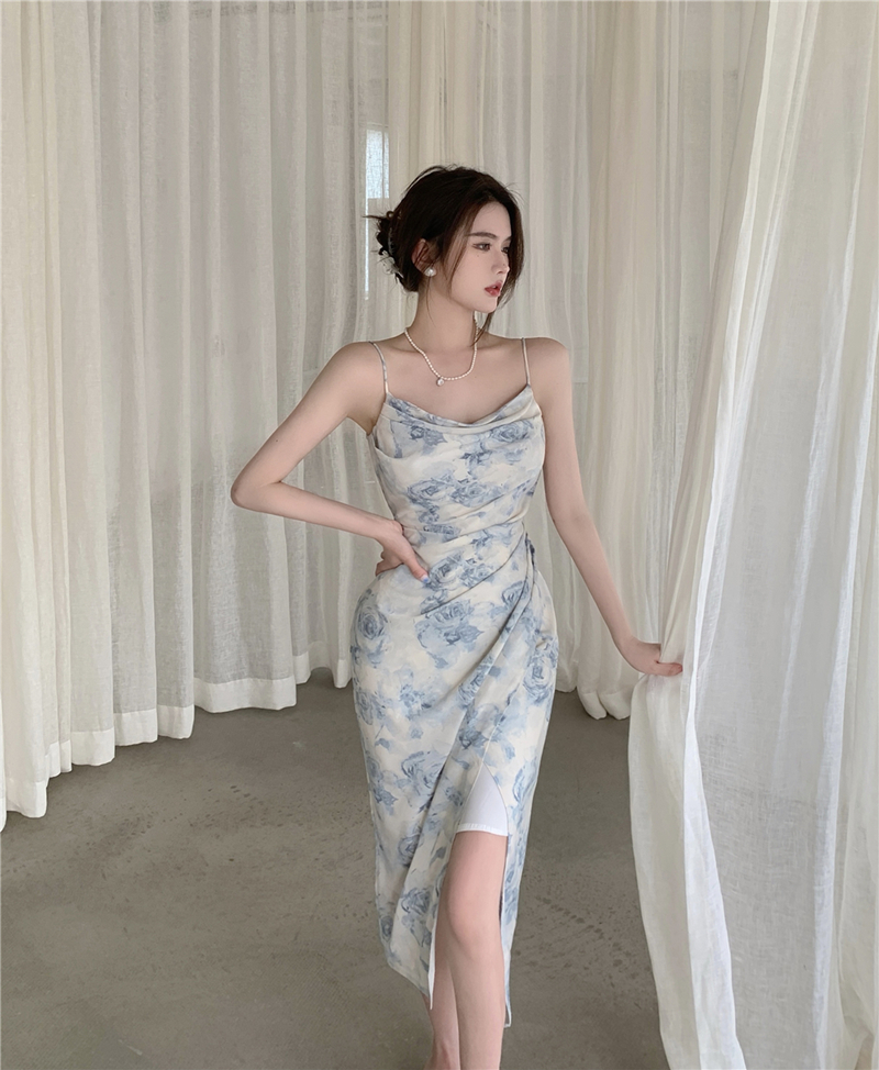 Real shooting high fashion sexy suspender split Print Chiffon Dress wrinkled Hip Wrap long skirt women