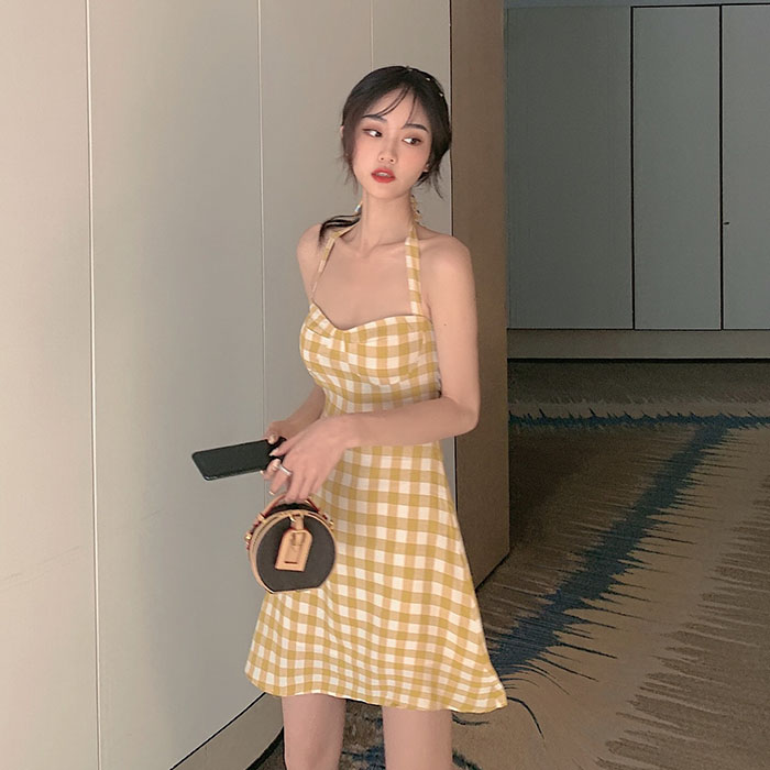 Real price French retro yellow Plaid neck suspender dress
