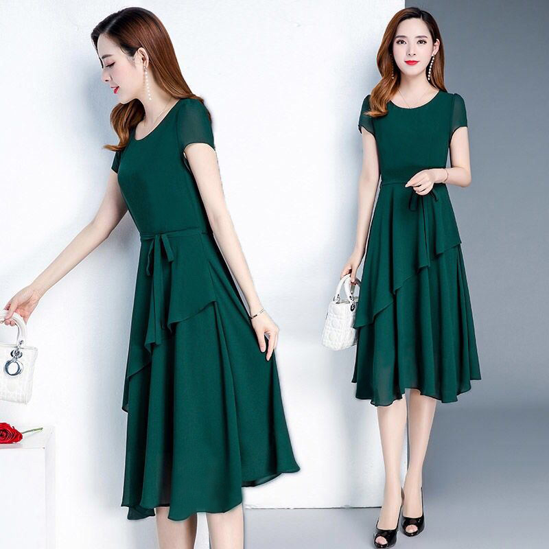 2022 new summer high-end waist, slim and aging, medium and long round neck large women's dress