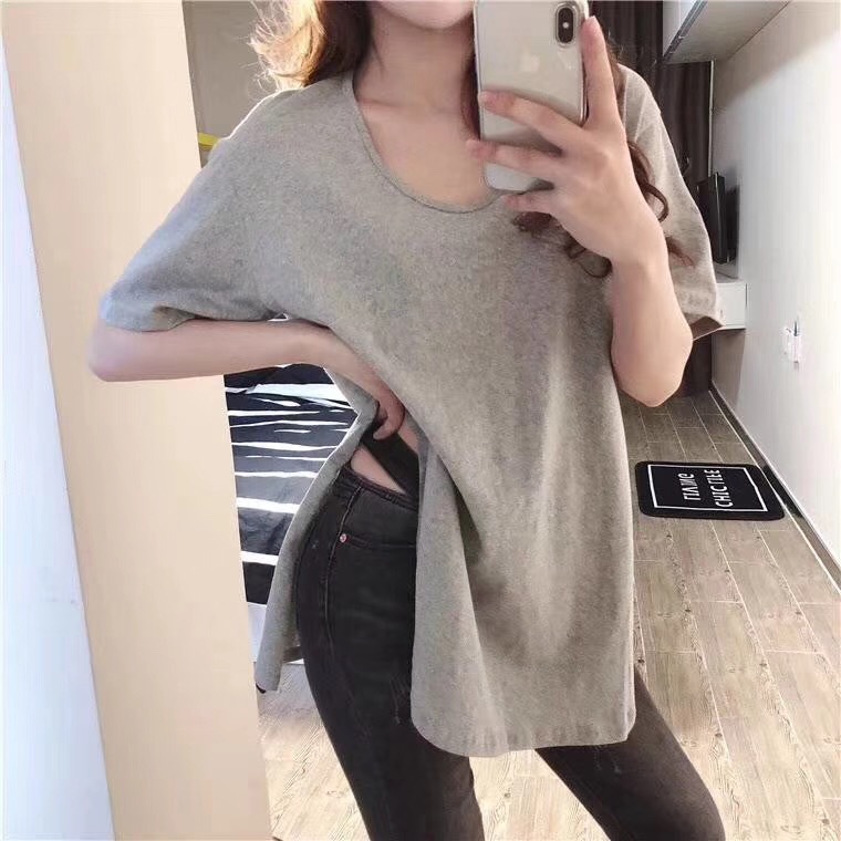Official figure women's solid color short sleeve T-shirt women's summer medium long loose large top women