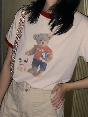 Real shot ~ ancient Showa wind bear cute children's fun dog print color matching T-Shirt Top short sleeve spring and summer girl