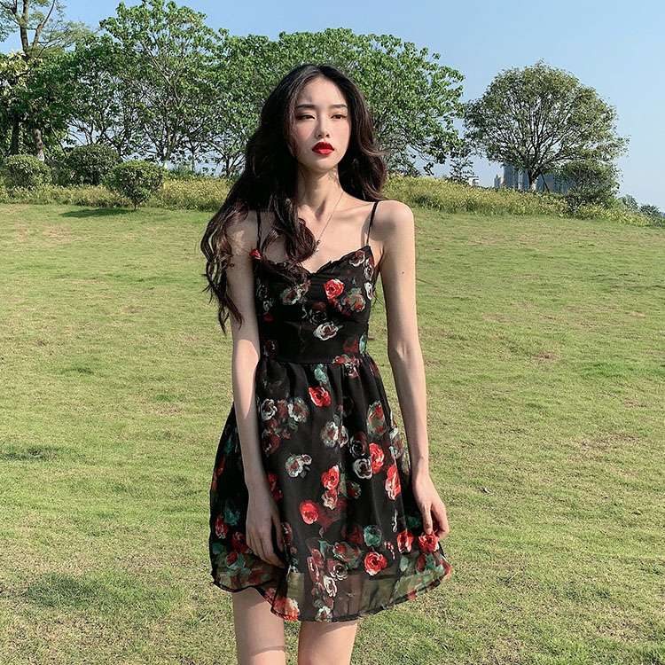 Real price Vintage Rose printed high waist suspender Floral Dress