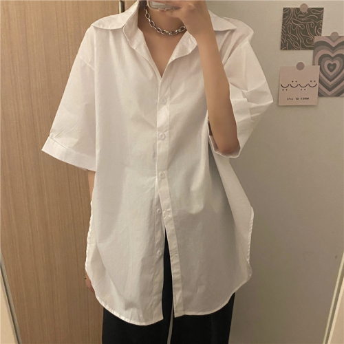 Real price ins solid color shirt crimped short sleeve Korean version foreign style versatile cotton shirt