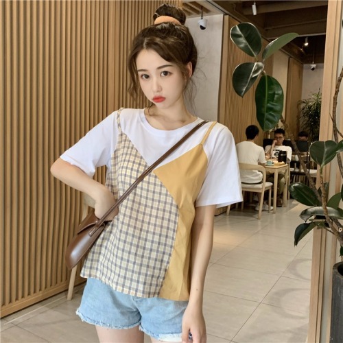 Korean fashion new fake two-piece Plaid Cotton Short Sleeve Shirt women's design color contrast top