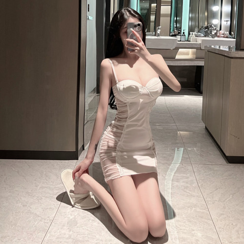 Real shot ~ Sexy mesh perspective pure white suspender with bra slim wrap hip dress female