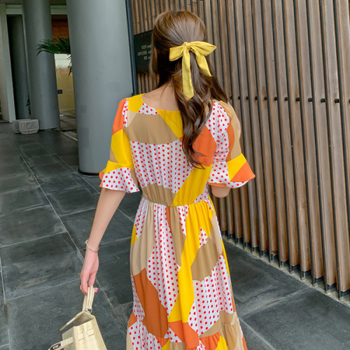 Summer new style design, waist closing Ruffle chiffon dress, women's yellow wave dot printed dress