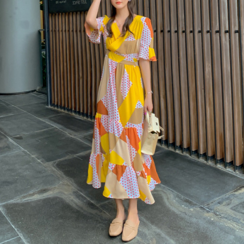 Summer new style design, waist closing Ruffle chiffon dress, women's yellow wave dot printed dress