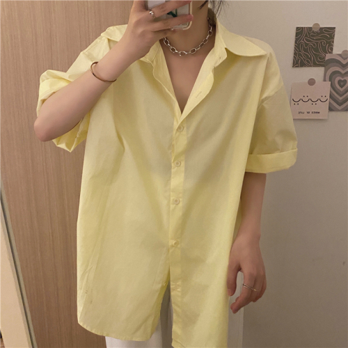 Real price ins solid color shirt crimped short sleeve Korean version foreign style versatile cotton shirt