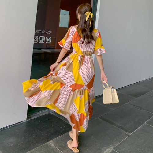 Summer new style design, waist closing Ruffle chiffon dress, women's yellow wave dot printed dress