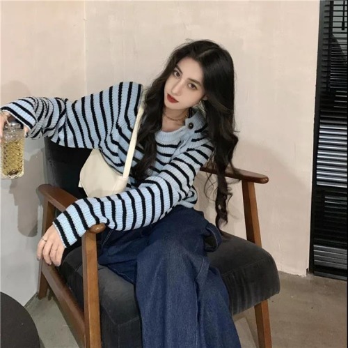 Official picture autumn and winter Vintage stripe contrast sweater women's short thin versatile sweater student top