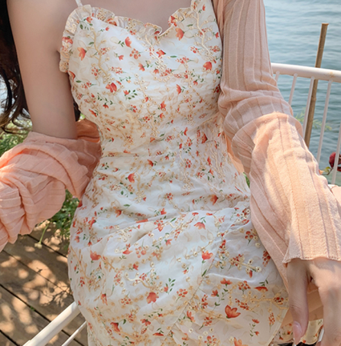 French minority embroidery Chiffon floral skirt suspender skirt women's summer pure desire wind fungus edge dress A-shaped short skirt