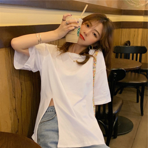 Net popular student ins super fire design sense solid color split short sleeve T-shirt women's summer and Korean fashion loose top