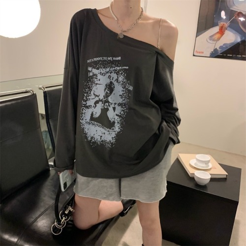 6535 pull frame cotton off shoulder letter printed T-shirt women's autumn new Korean version retro sweet and spicy