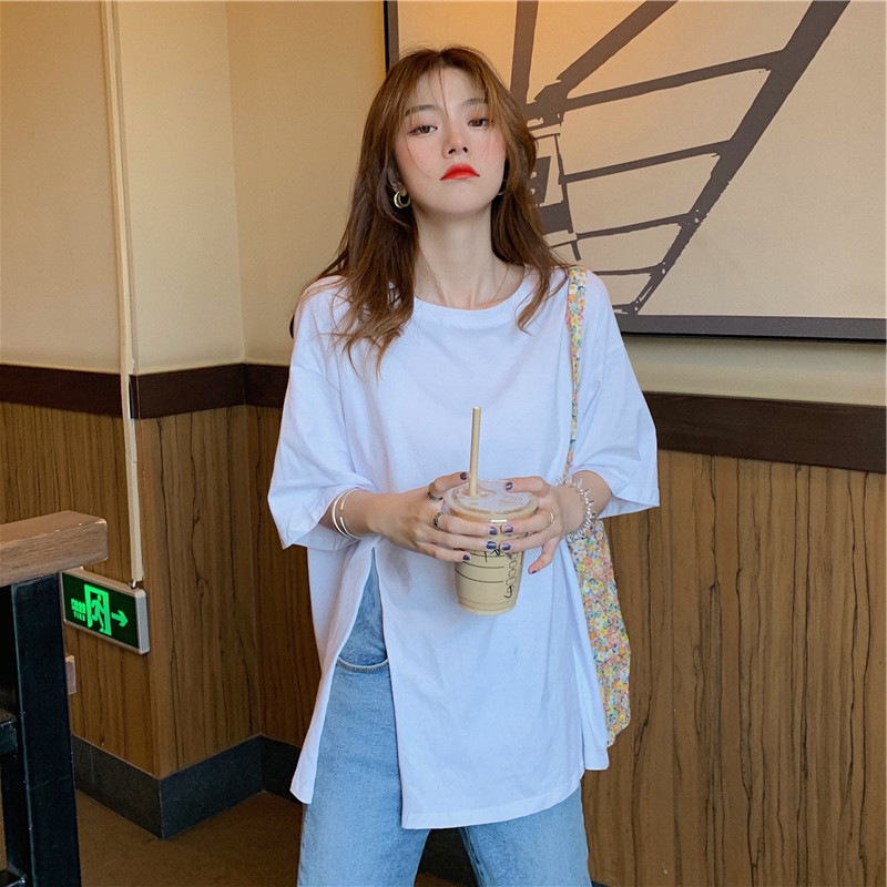 Ins super fire design sense solid color split short sleeve T-shirt women's summer and Korean version trendy net red student loose top