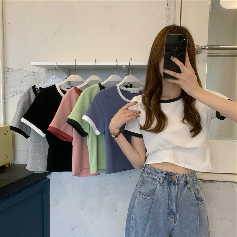 Exposed navel top summer new color contrast slim fit slim short design sense of care machine short sleeve T-shirt women