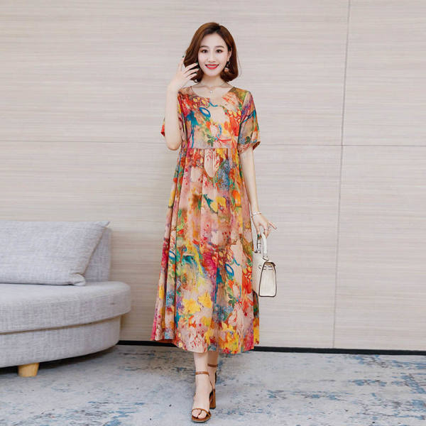 Ice silk 2022 summer new fashion long skirt large dress long short sleeve wrap hip slim fit loose