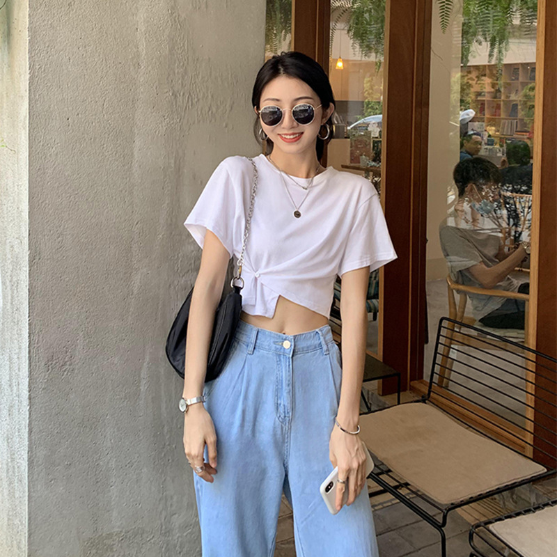 Ins super fire design sense of minority button short sleeve T-shirt women's summer and Korean fashion short top